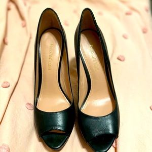 Enzo Angiolili black open toe pumps, patent leather, gently used